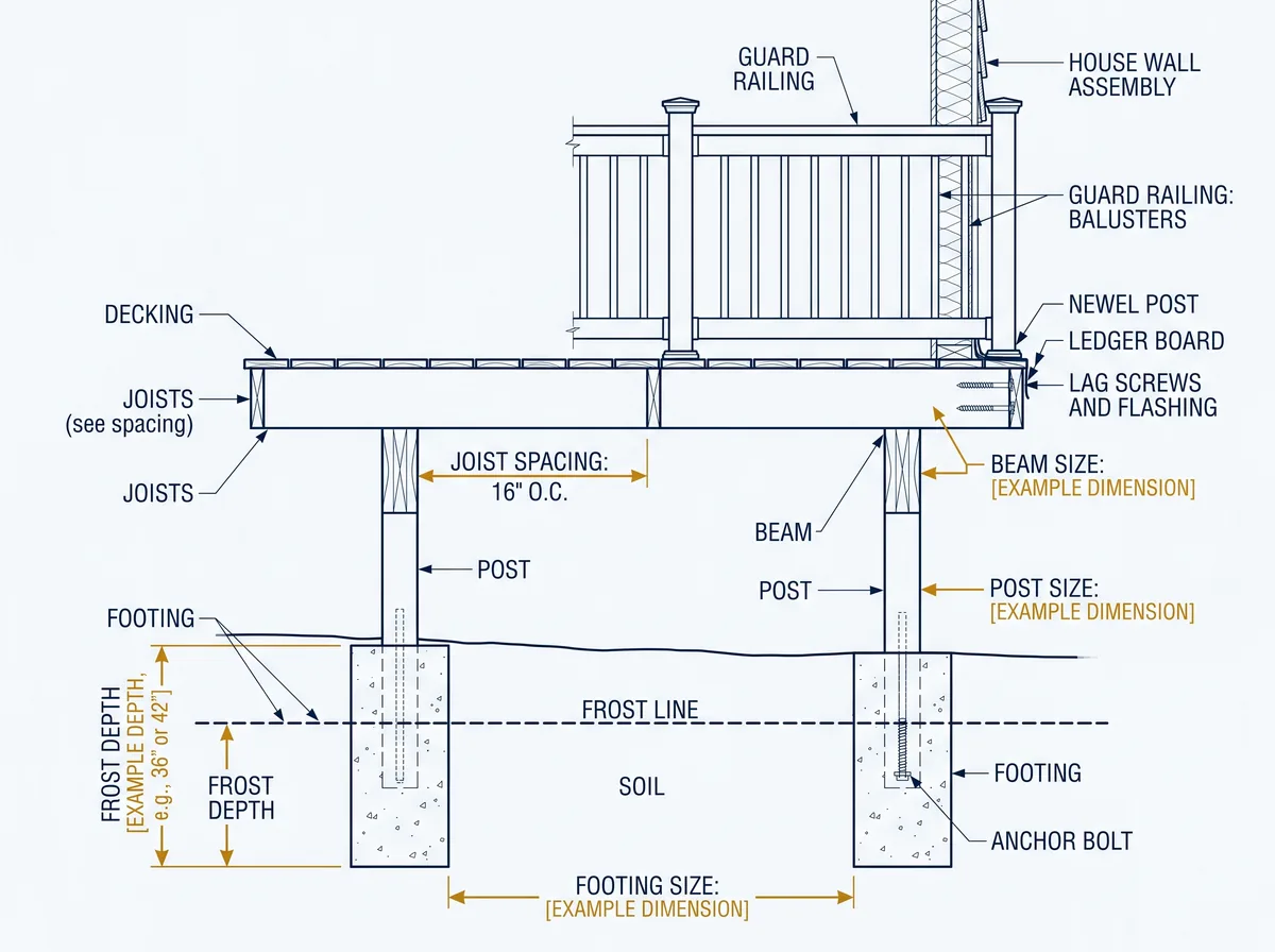 Cross-section drawing of a residential deck showing footings below frost line, beams, joists and guard rails