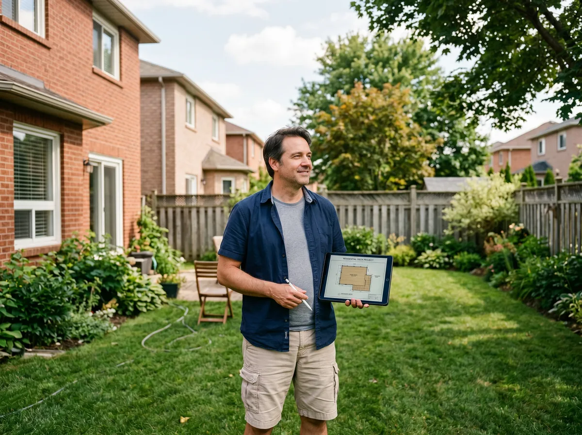 Homeowner reviewing a deck site plan on a tablet in a Mississauga backyard before construction