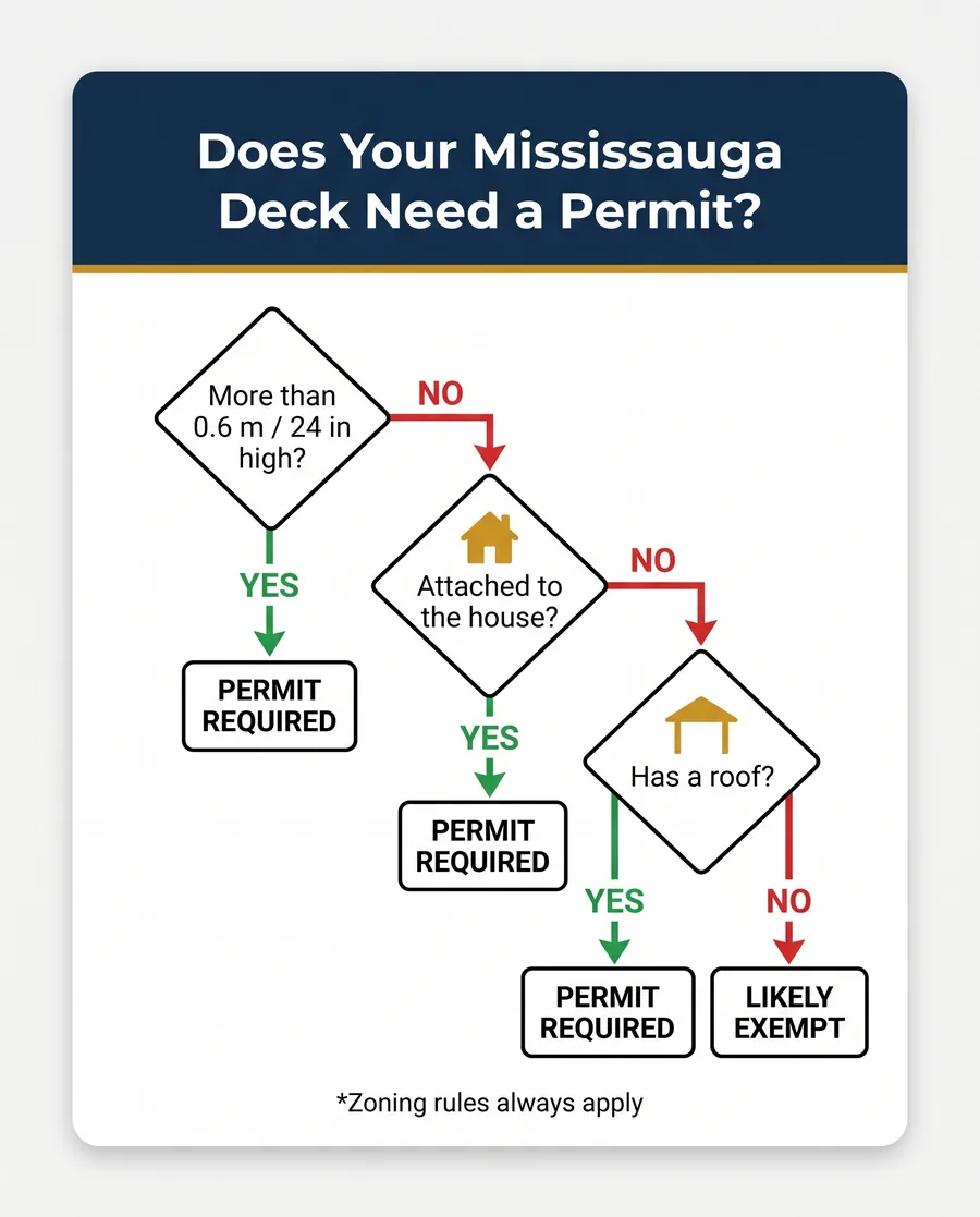 Infographic flowchart deciding whether a Mississauga deck needs a building permit based on height and attachment