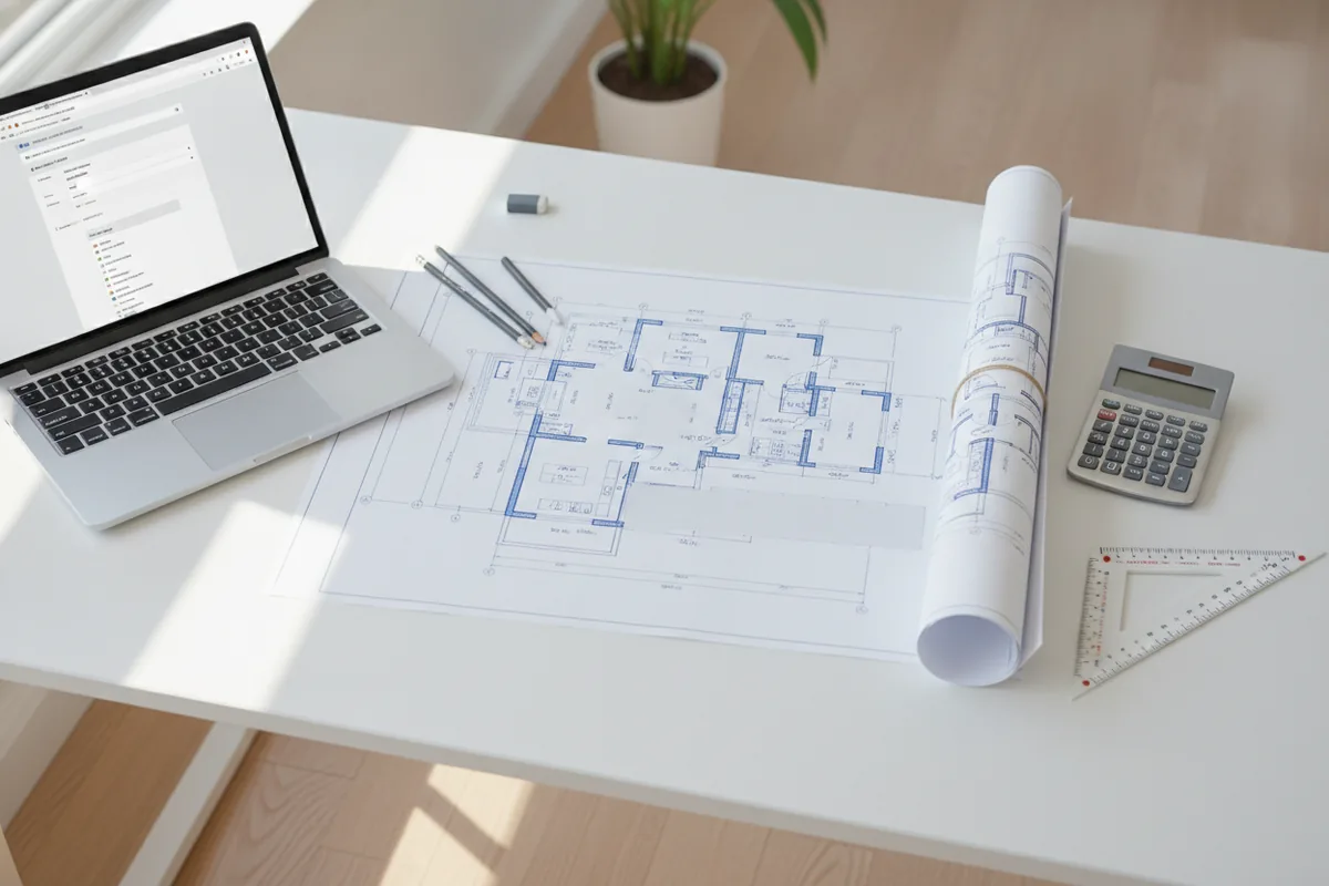 Residential building permit drawings and a laptop on a drafting desk for a Mississauga application