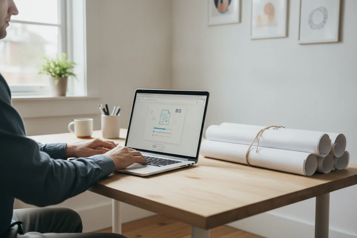 Person uploading PDF permit drawings through an online building permit portal