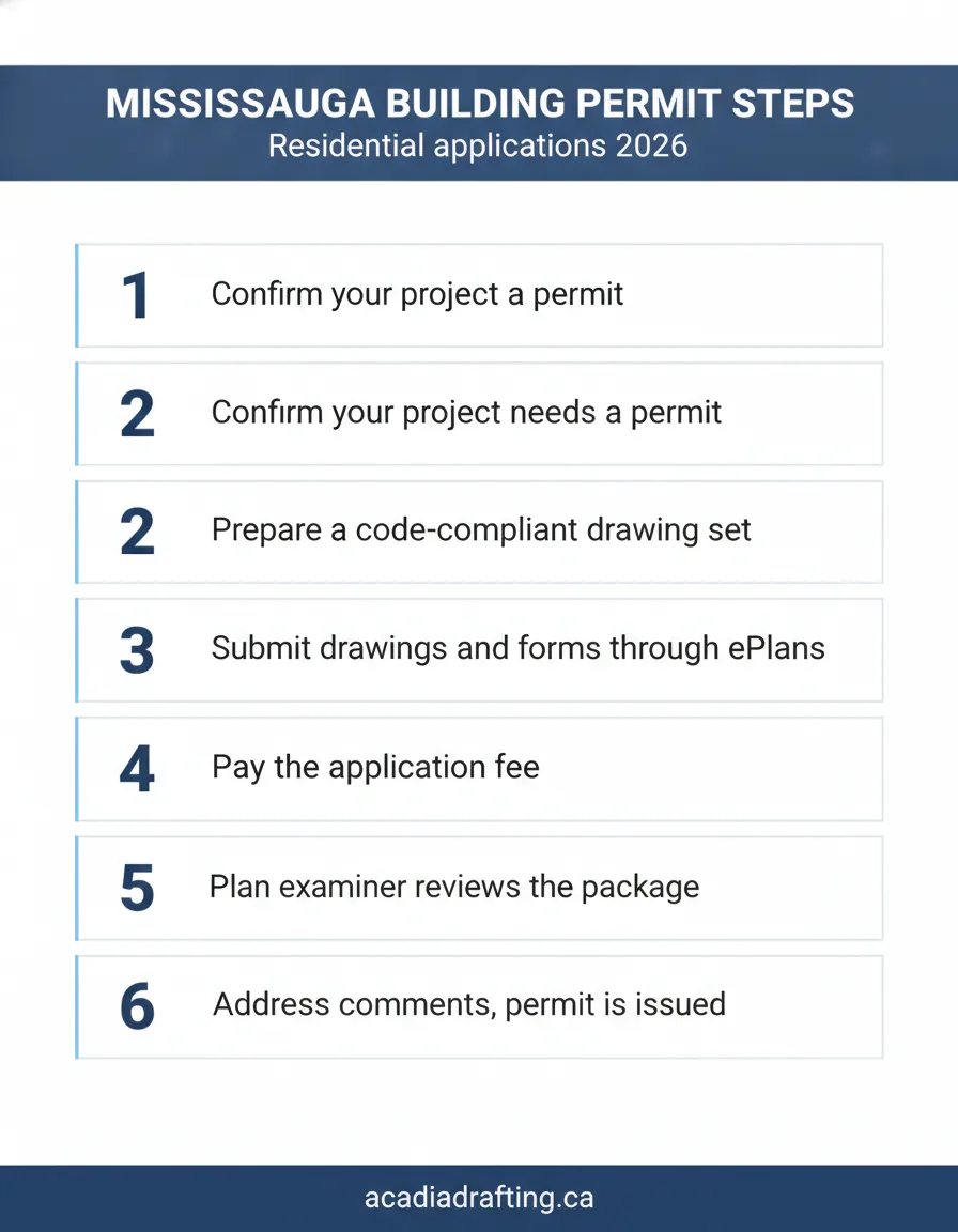 Mississauga building permit application steps: confirm permit, prepare drawings, submit via ePlans, pay fee, plan review, permit issued
