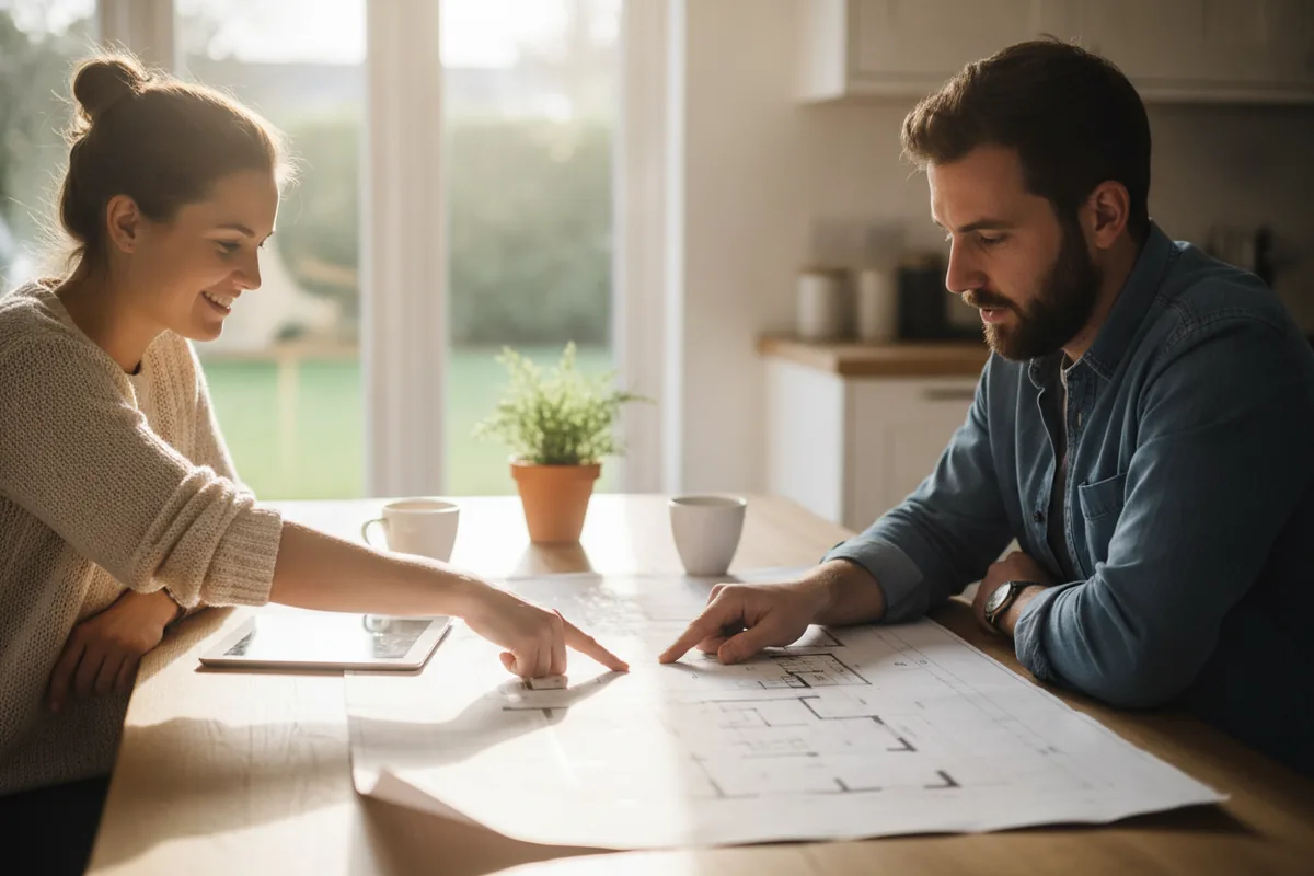 Homeowner and designer reviewing residential building permit drawings at a kitchen table