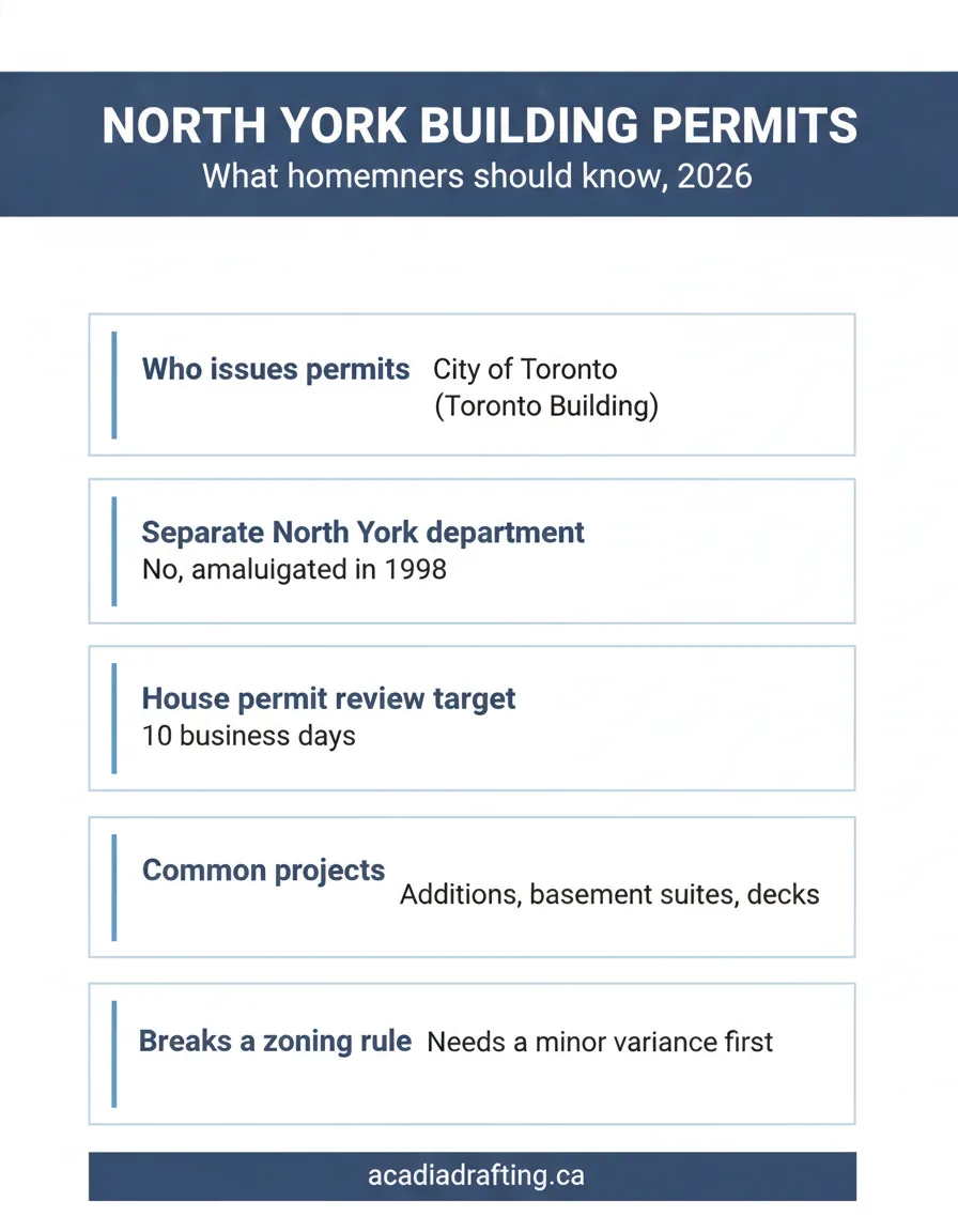 North York building permit facts: part of City of Toronto, Toronto Building issues permits, 10 day review target, common projects, zoning variances