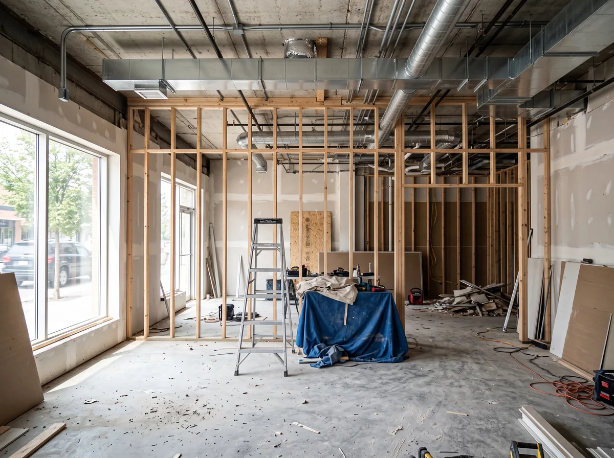 Commercial interior fit-out in progress with new partition framing and ductwork