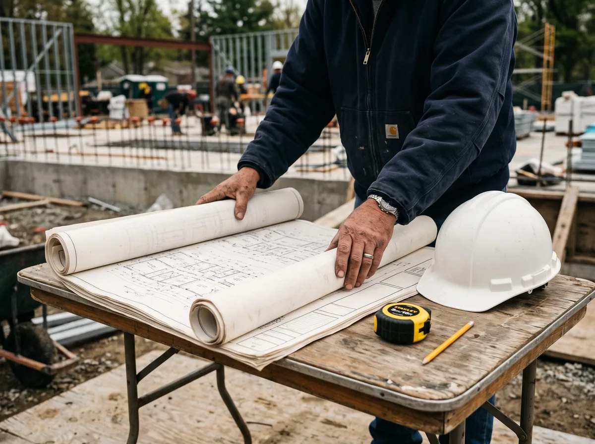 Permit drawings unrolled on a commercial job site for a plan review