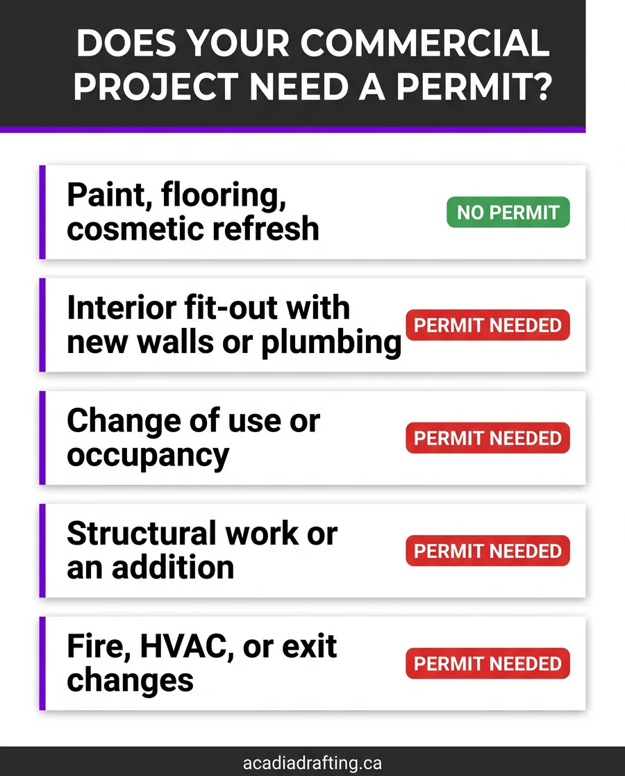 Decision guide for when a commercial building permit is required in Ontario by project type
