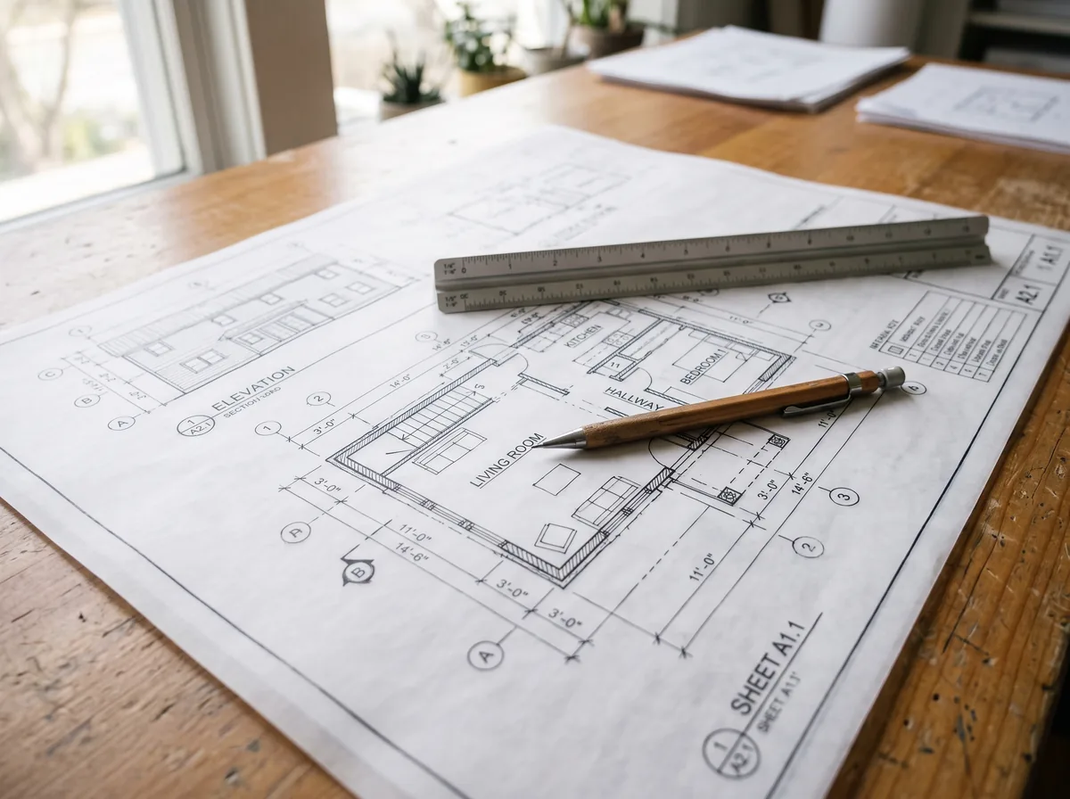 Architectural permit drawings with a scale ruler on a desk