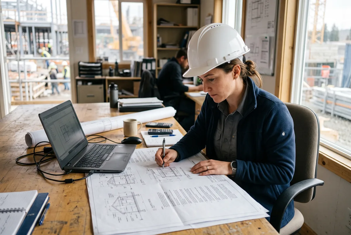 A plan examiner reviewing architectural building plans at a desk