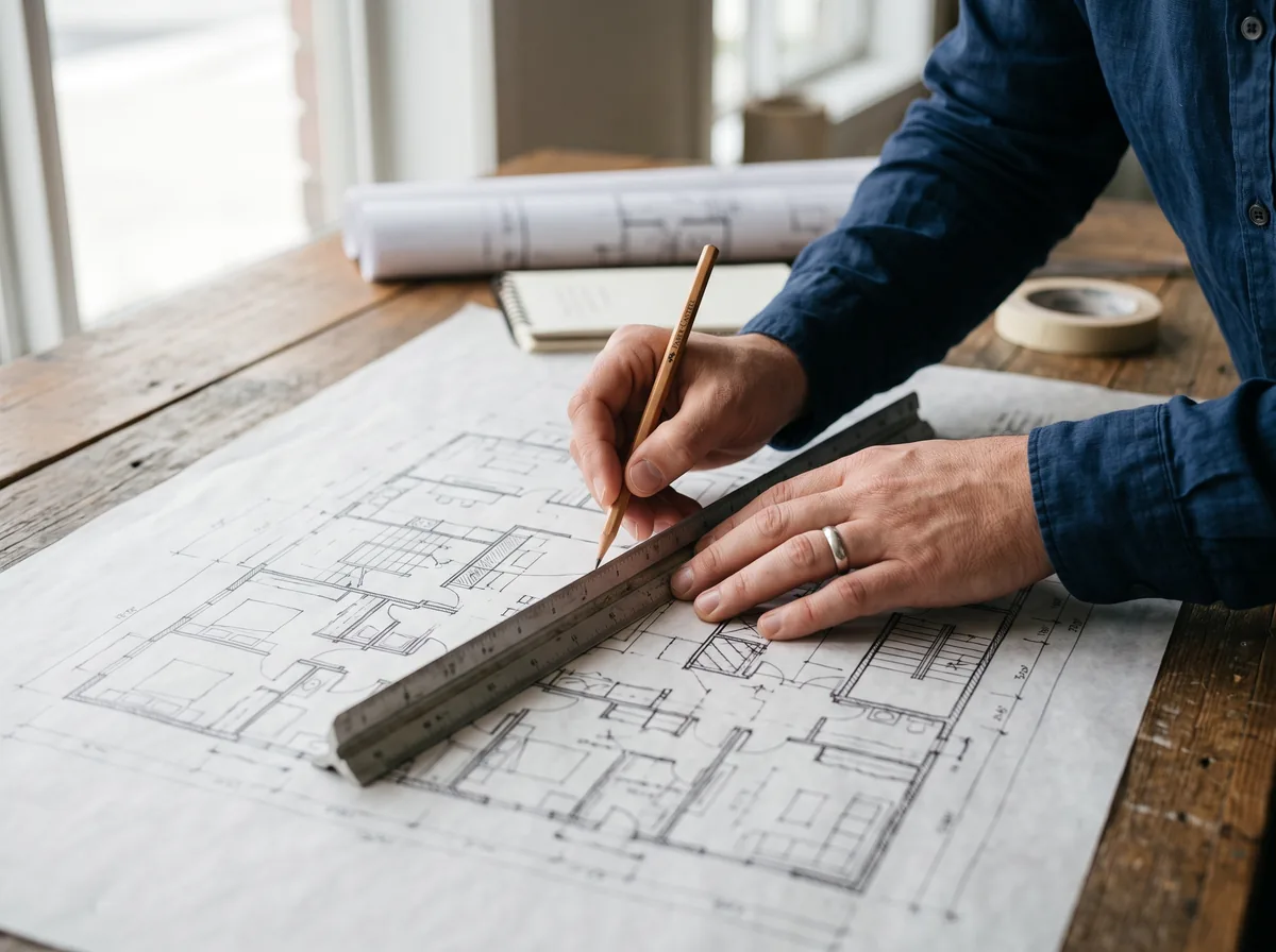 Hands measuring a floor plan drawing with a scale ruler during permit drawing preparation
