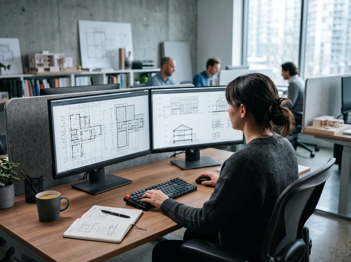 A designer drafting building plans in CAD software on a dual-monitor workstation
