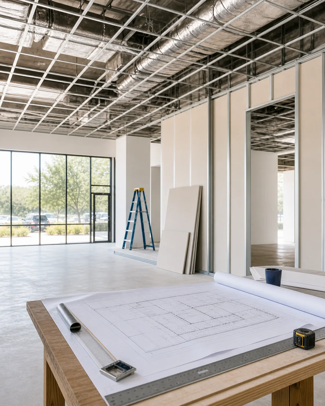 Commercial tenant fit-out space with permit drawings