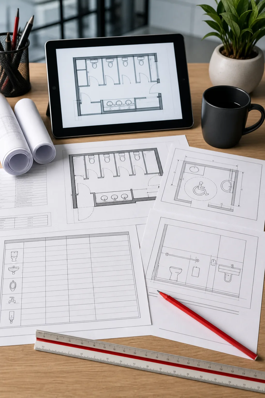 Commercial washroom permit drawing package with accessibility and plumbing plans