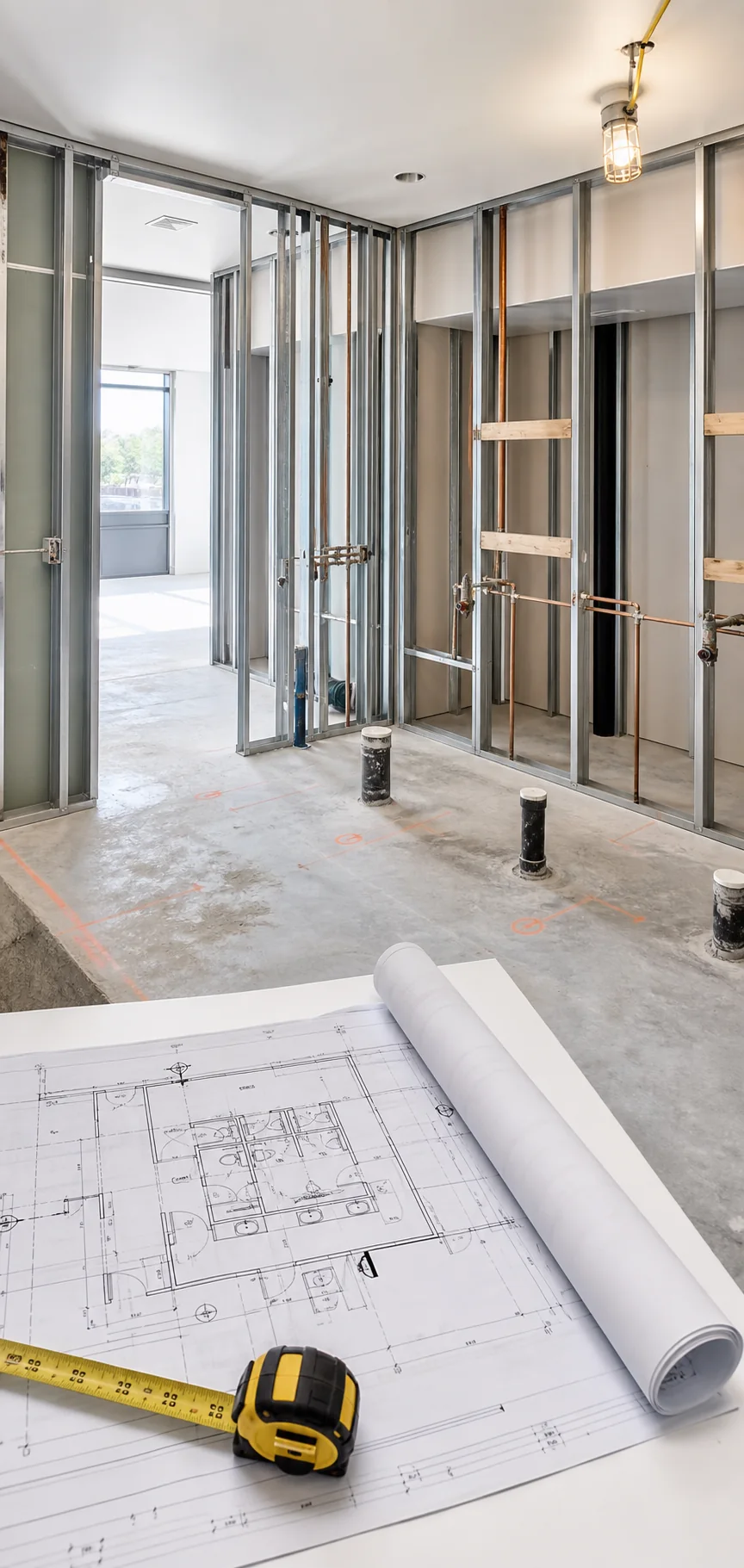 Commercial washroom permit drawings and plumbing rough-ins