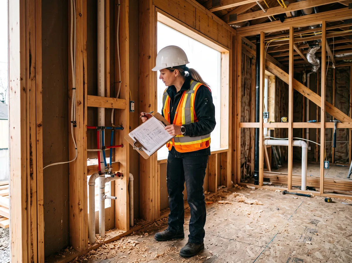 Building inspector checking exposed framing during a staged inspection of a home addition