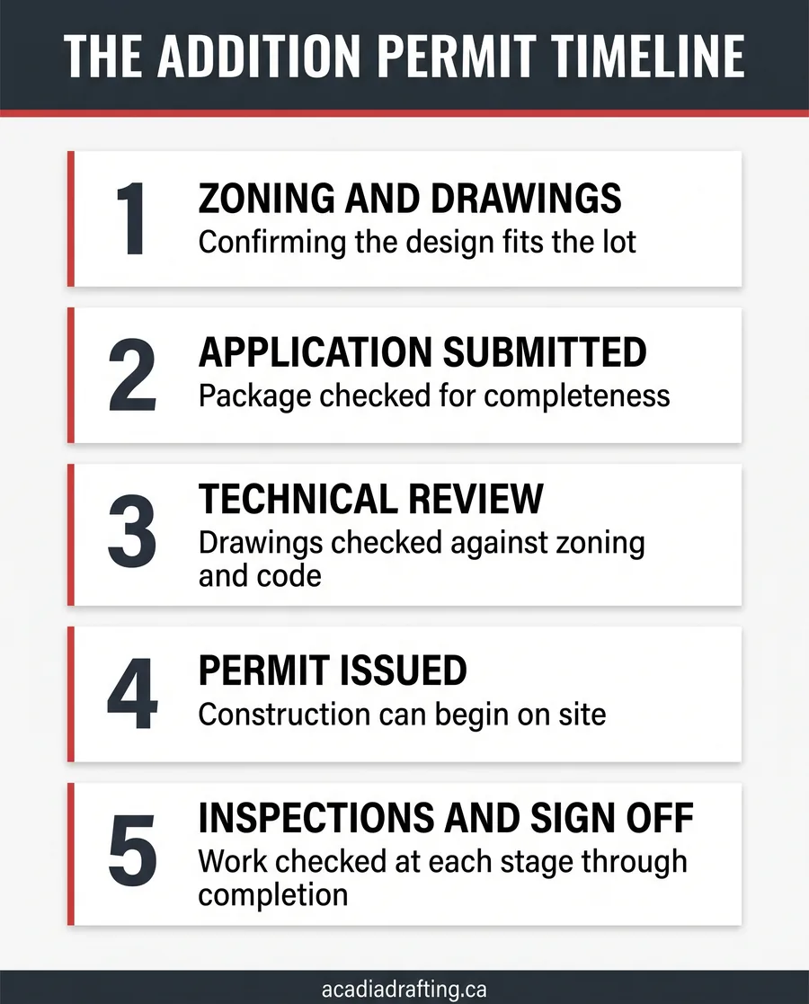 Card graphic outlining the five stages of the Vaughan building permit process