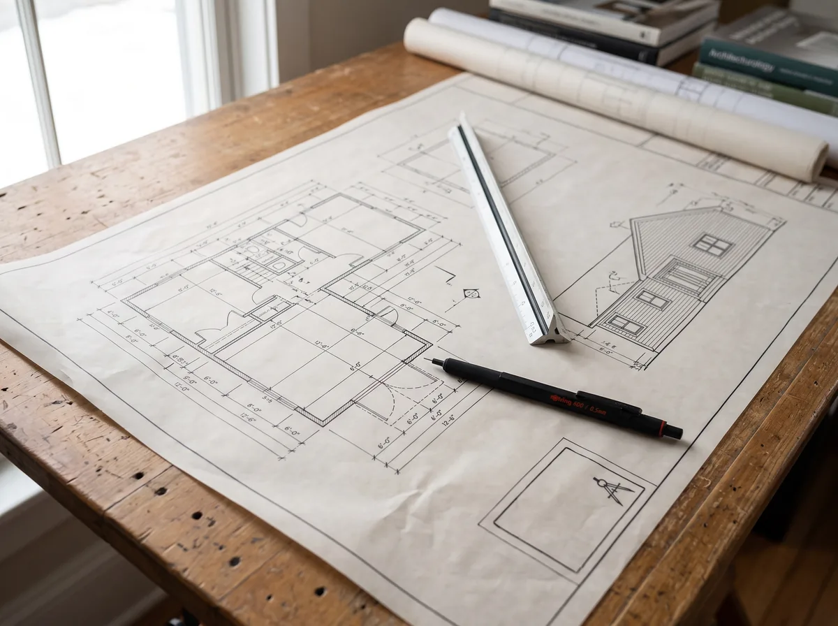 Dimensioned addition drawing set spread on a drafting table before permit submission