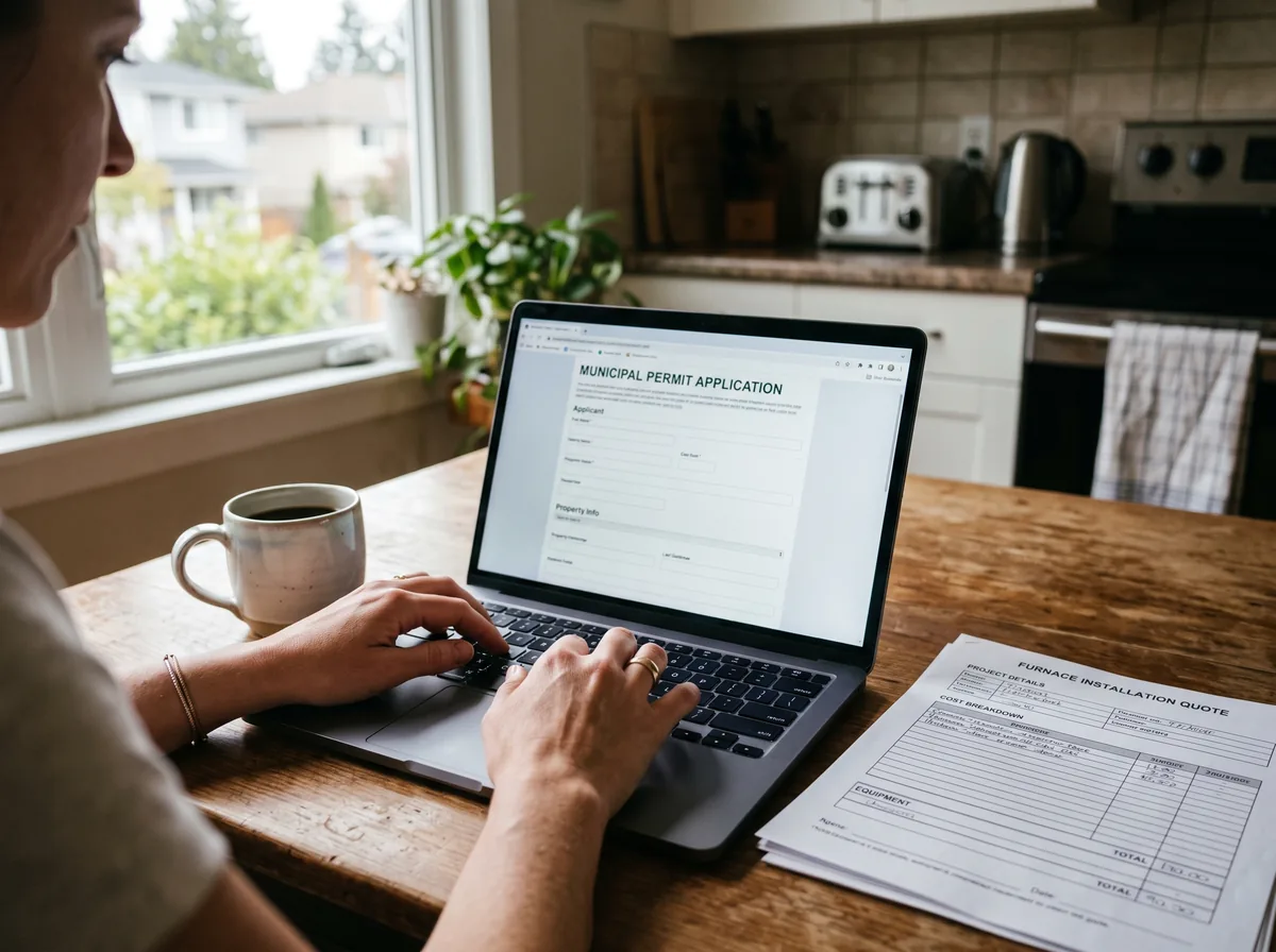 Homeowner filling out a municipal building permit application on a laptop at a kitchen table