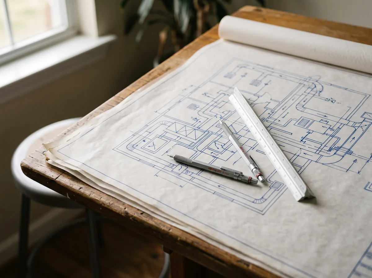 Rolled out HVAC permit drawing set with ductwork symbols on a drafting table