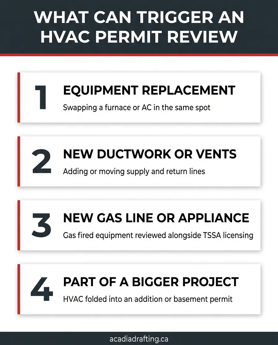 Card graphic showing situations where you typically need an HVAC permit review
