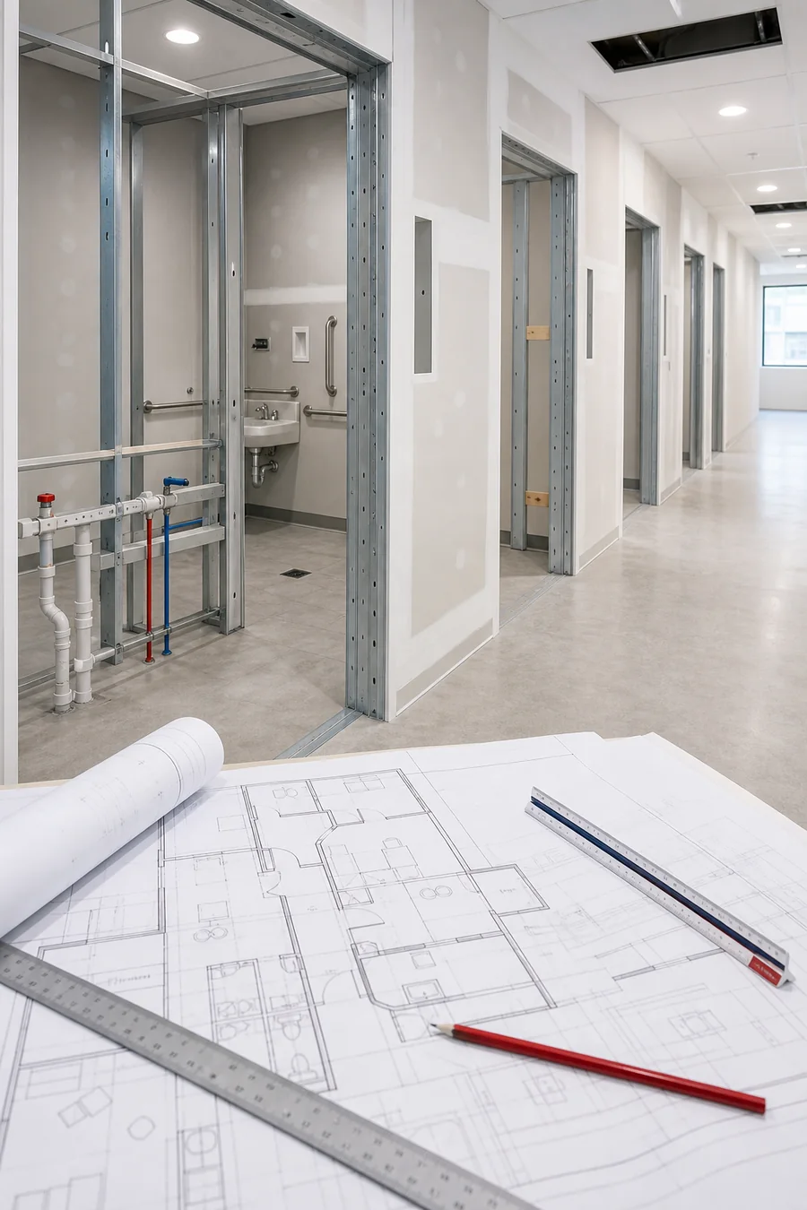 Medical clinic permit drawings with treatment room and washroom layout coordination