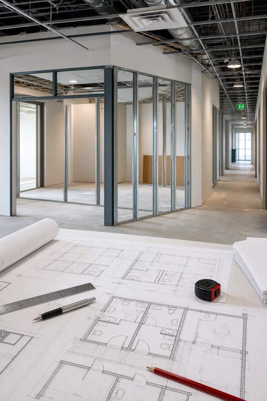 Office renovation permit drawings with partitions ceiling grid and HVAC coordination