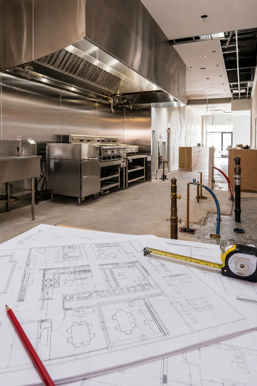 Restaurant permit drawings with commercial kitchen equipment and exhaust coordination