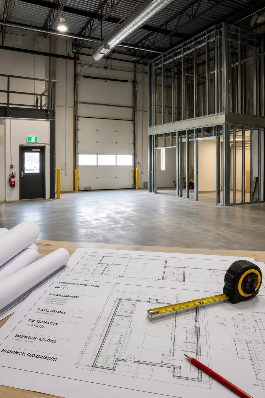 Warehouse permit drawings with industrial unit office build-out and life safety review