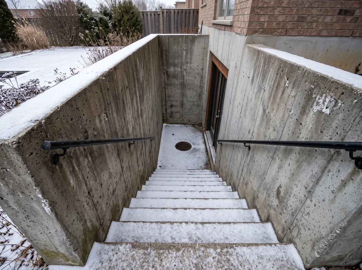A basement walkout stairwell with a drain at the base of the landing in winter