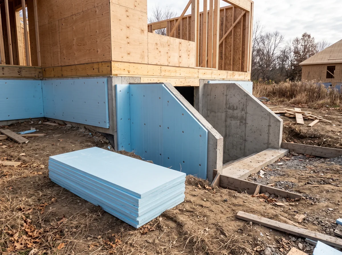 Rigid exterior insulation panels installed against a basement stairwell wall before backfill