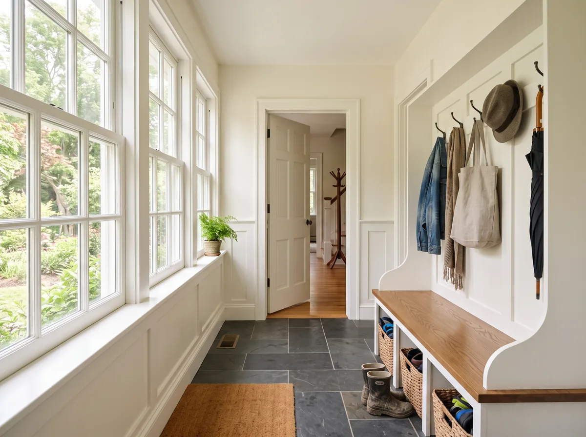 A finished mudroom interior with a bench, hooks, and an interior door