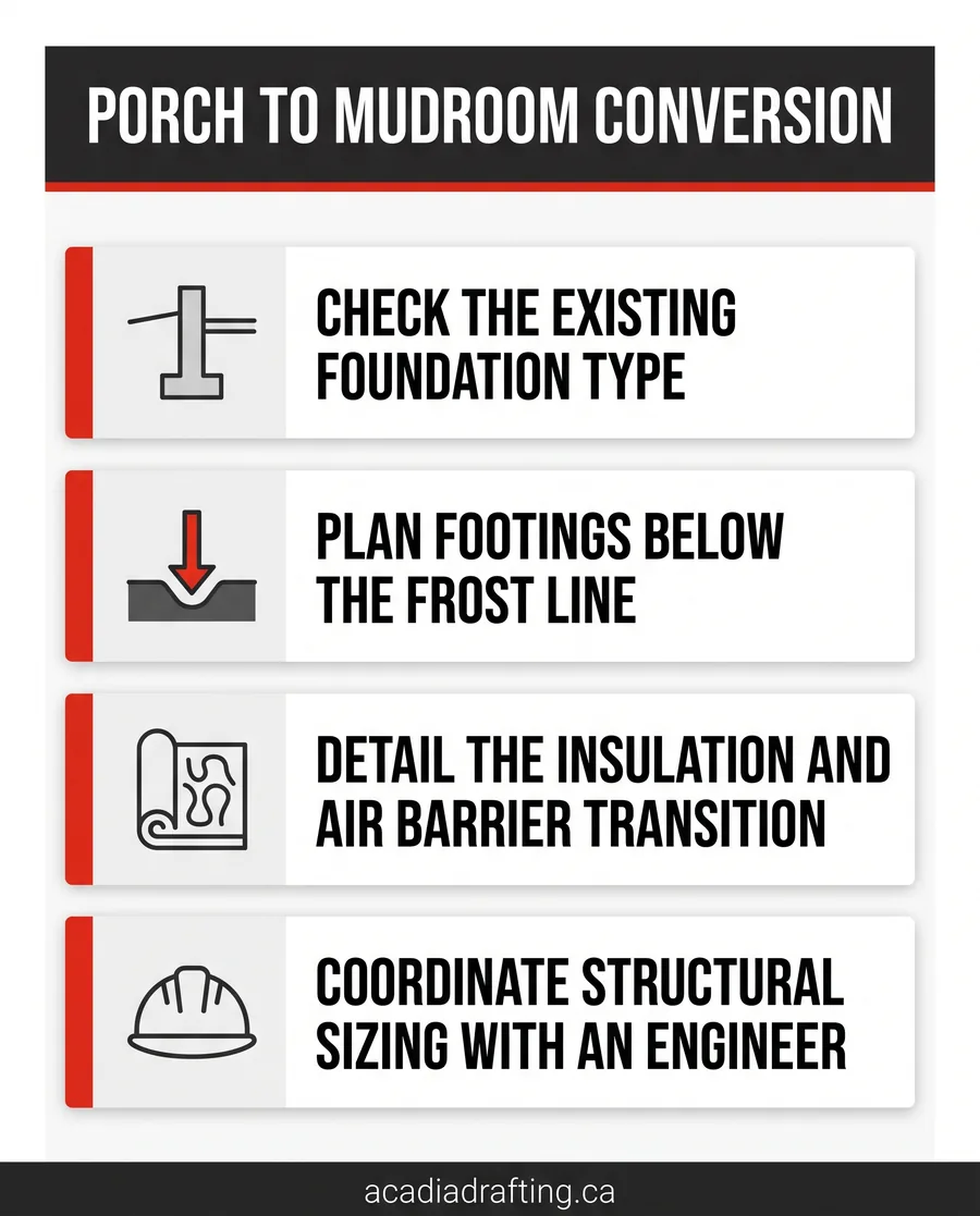 Decision points for converting a porch into a mudroom addition