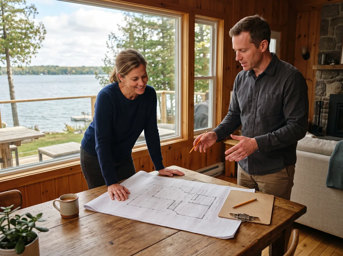 A homeowner and designer reviewing a deck plan drawing inside a lakefront home
