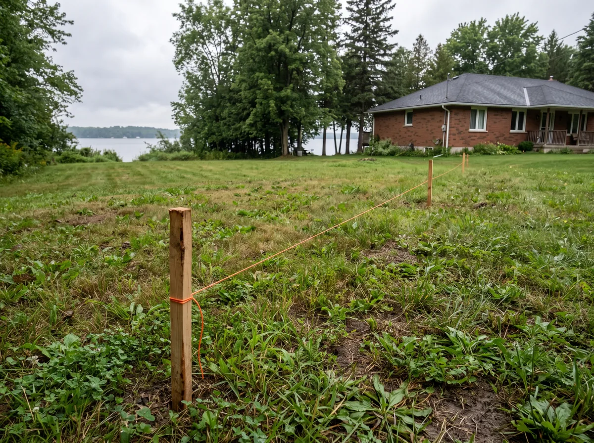 Survey stakes marking the Innisfil shoreline setback line near the water